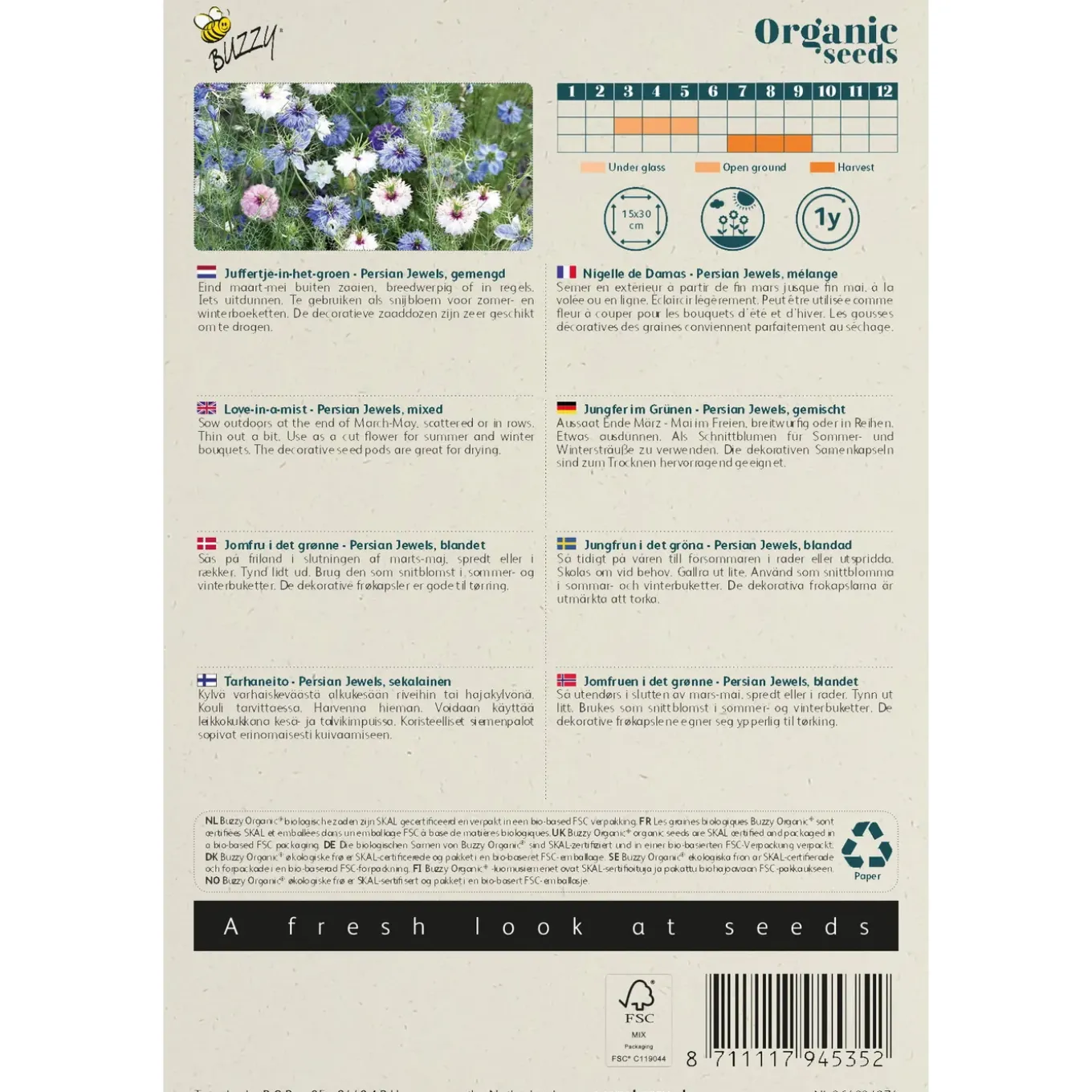 Buzzy Seeds zaden - Nigella Persian Jewels - Juffertje in het groen - Biologisch logisch
