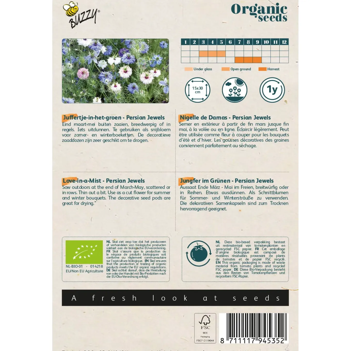 Buzzy Seeds zaden - Nigella Persian Jewels - Juffertje in het groen - Biologisch logisch