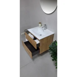 By Goof - Badkamermeubel Tieme – Mat Eiken – 60cm – Met Wastafel En Afvoerplug