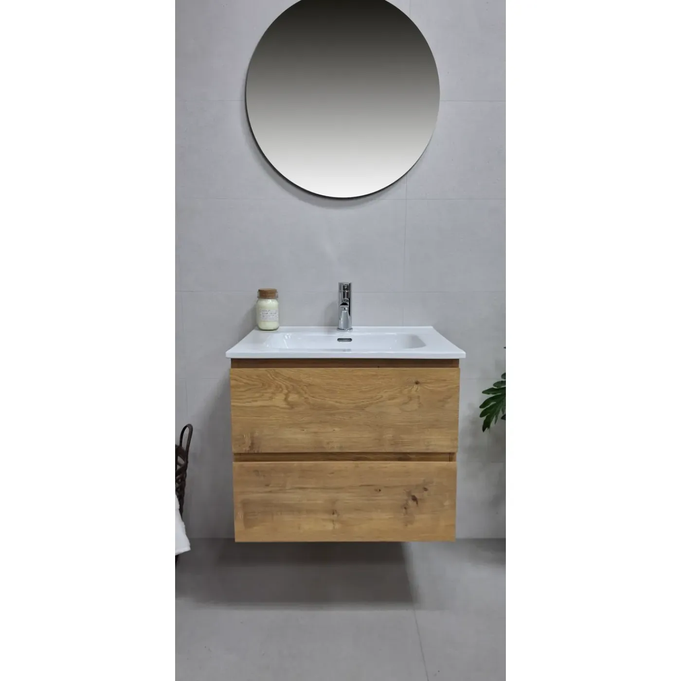 By Goof - Badkamermeubel Tieme – Mat Eiken – 60cm – Met Wastafel En Afvoerplug