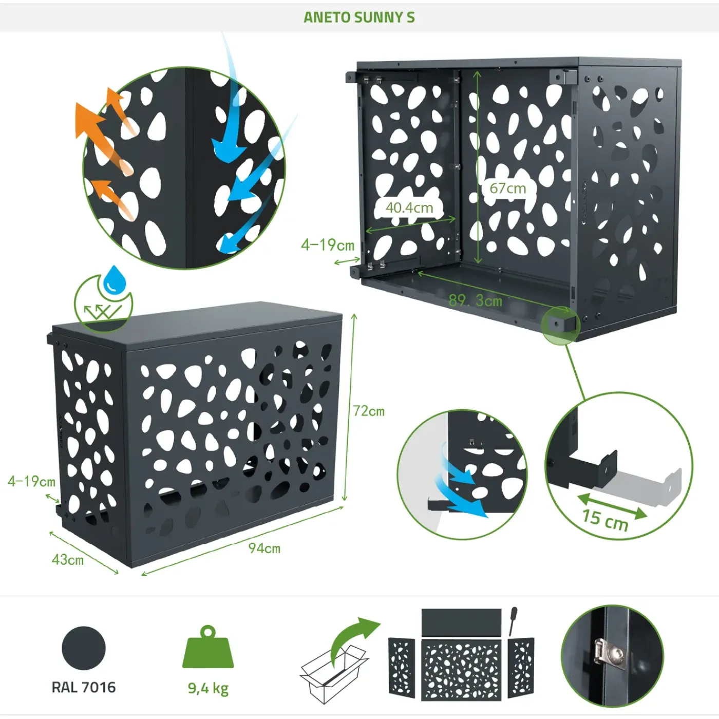 Casanoov Airco- & Warmtepomp Ombouw Aneto Sunny Aluminium Grijs Met Onderzijde - Maat S