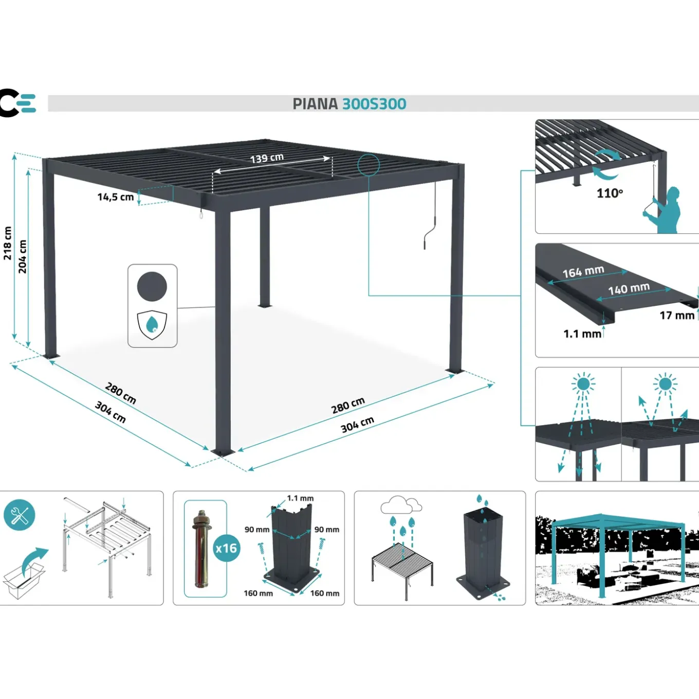 Cazeboo Bioklimatische Pergola Piana Grijze 3x3m Aluminium - Verstelbare Latten