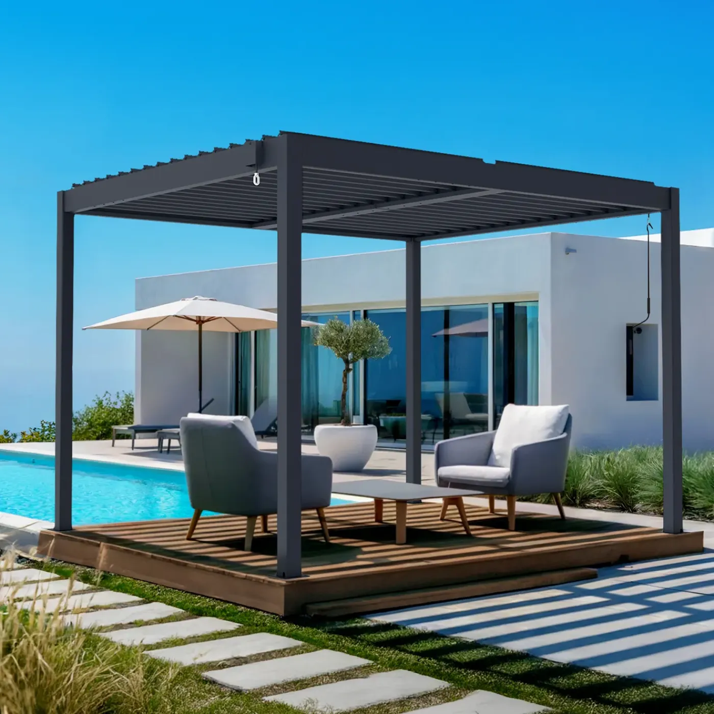 cazeboo Bioklimatische Pergola Piana Grijze 3x2,5m Aluminium - Verstelbare Latten