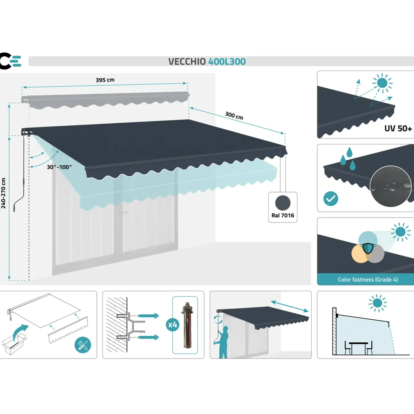 cazeboo Monoblock Luifel Vecchio 4x3m - 320g/m² Premium Canvas Grijs
