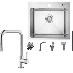 CECIPA MAX - Keukenspoelbak - Opbouwmodel, Geborsteld Inox, Uittrekbare Mengkraan