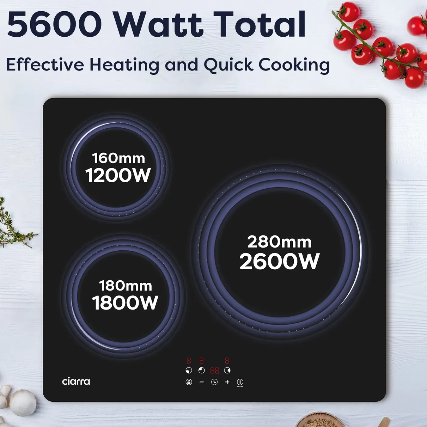 CIARRA Inbouw Inductiekookplaat 60cm - 3 Zones Touchbediening - 9 Standen 6200W VM3BIH-C