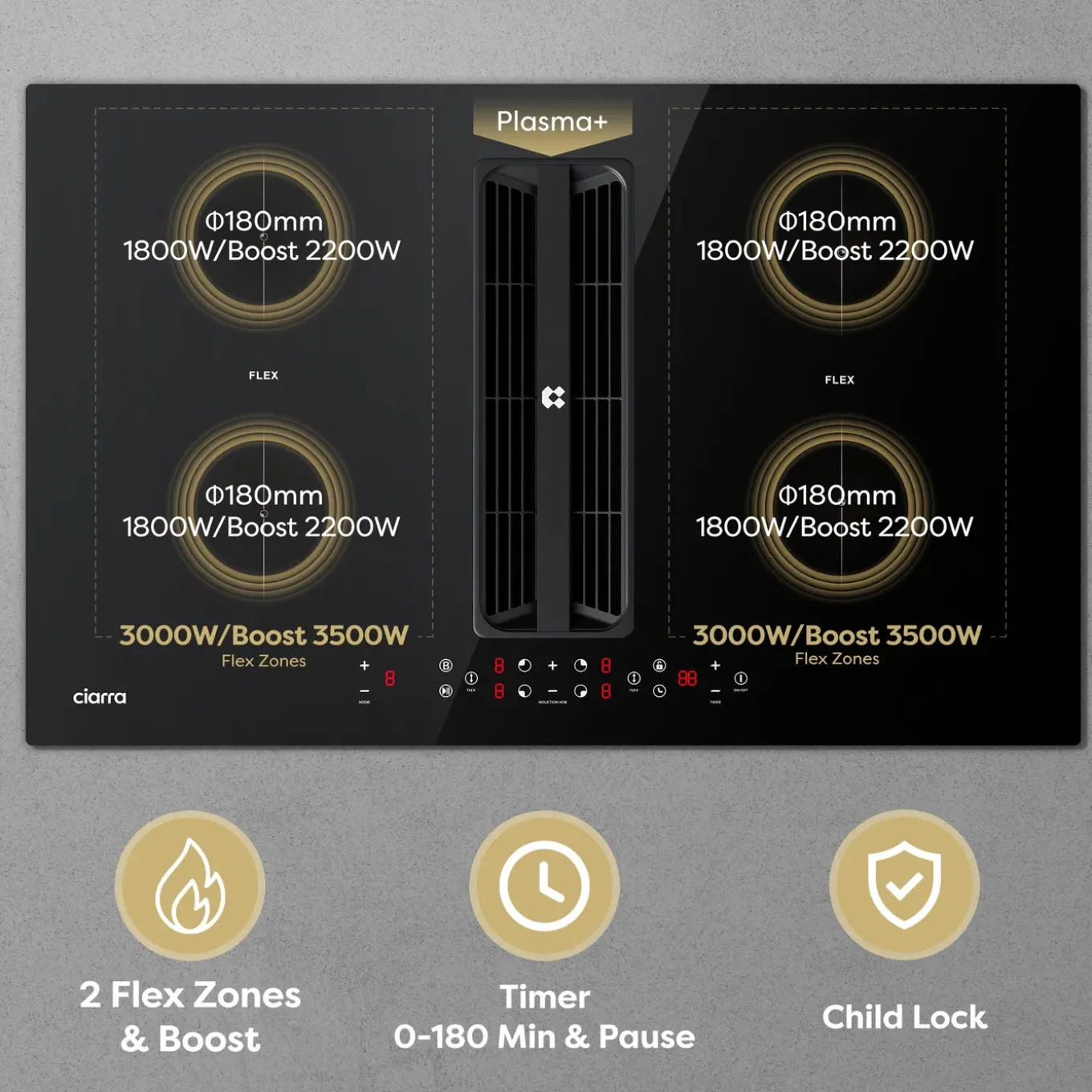CIARRA Inductiekookplaat met Afzuigkap - 4 zones Plasma⁺ Boost - 2 Flex-Zone - 7165W CBBEH834BBFF