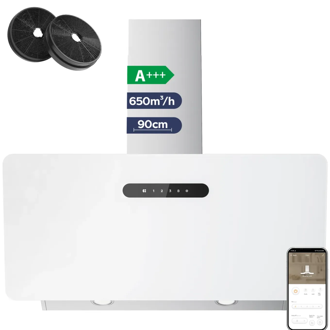 CIARRA Schuine Afzuigkap 90 cm - A+++ 650 m³/u - Wifi & Touch Control Wandkap VM9736KW