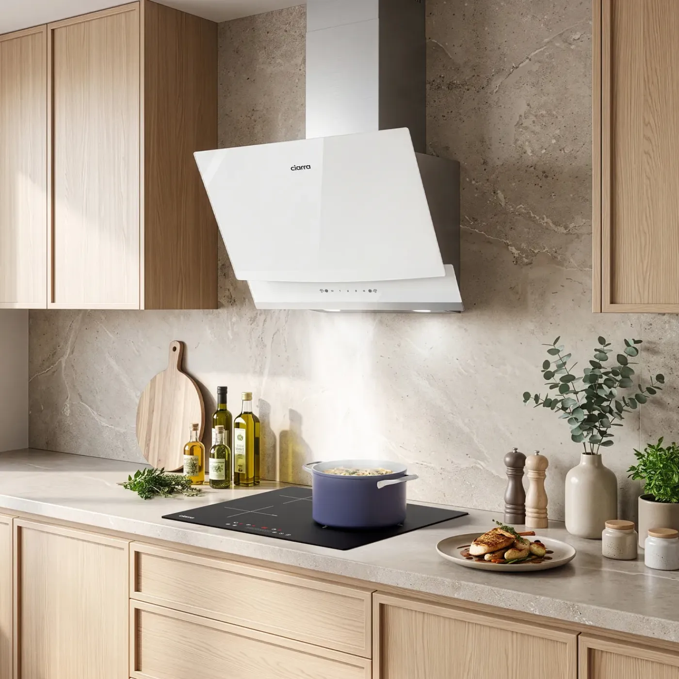 CIARRA Schuine Afzuigkap 60cm - A+++ 710 m³/u - Touch- & Gebaarbediening Glas Wit CBCW6736A