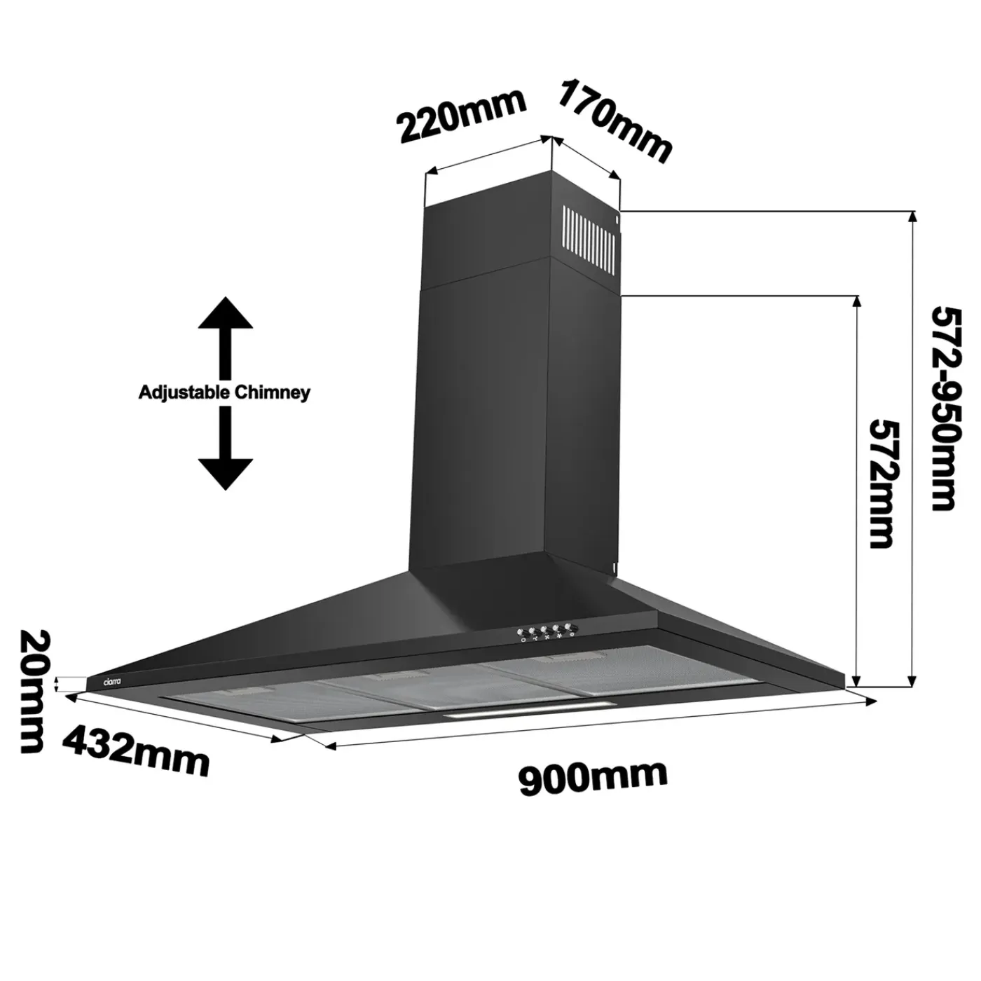 CIARRA Wandafzuigkap Afzuigkap - 90 cm 370 m³/u - LED-Verlichting Zwart CAB9201A