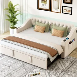 CIPACHO - Gestoffeerde Omvormbare Slaapbank - Beige Fluweel - Usb Usb-c - 90x190 Cm 180x190 Cm