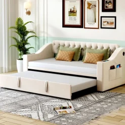 CIPACHO - Gestoffeerde Omvormbare Slaapbank - Beige Fluweel - Usb Usb-c - 90x190 Cm 180x190 Cm