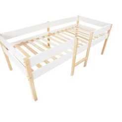 Cipacho - Halfhoog Kinderbed - Wit En Eik - Massief Grenen - 90x190 Cm