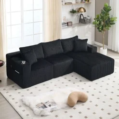 Cipacho - Modulaire Bank - Zwarte Ribfluweel - Chaise Longue En 2-zits - 257x160x62 Cm