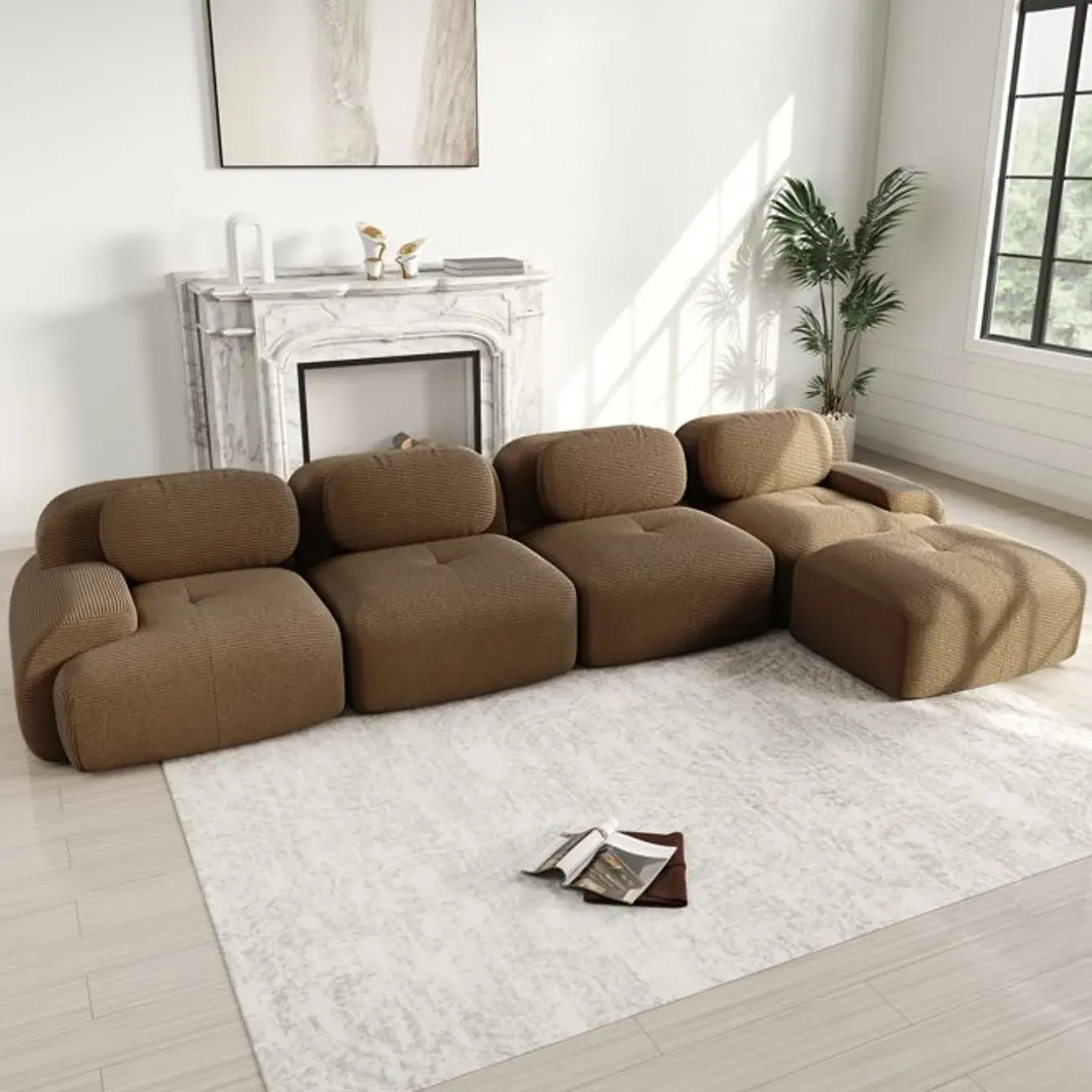 Cipacho - Moduleerbare Hoekbank - Bruine Ribfluwelen Bekleding - 388x178x75 Cm