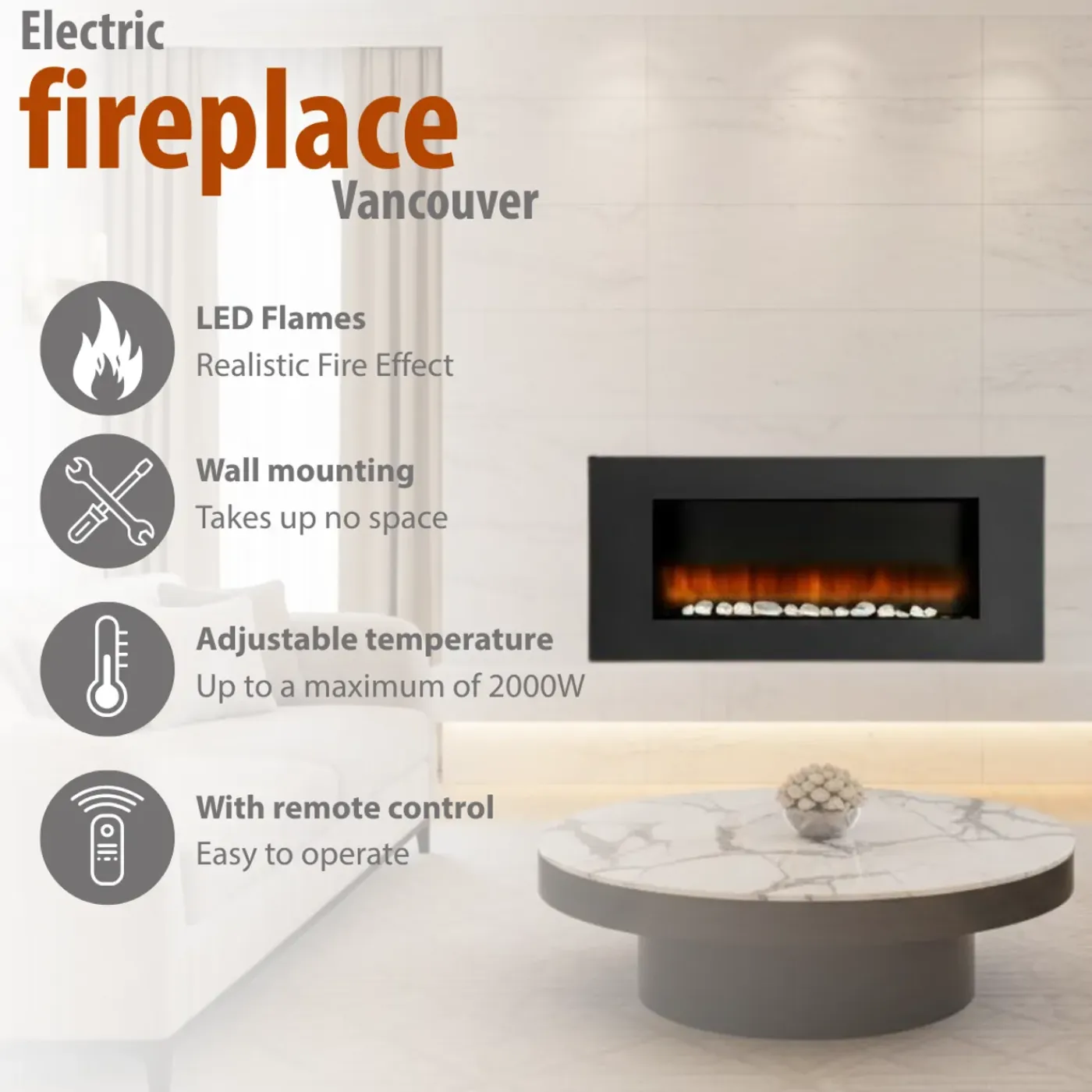 Classic Fire Electrisch 105x48x12cm Zwart