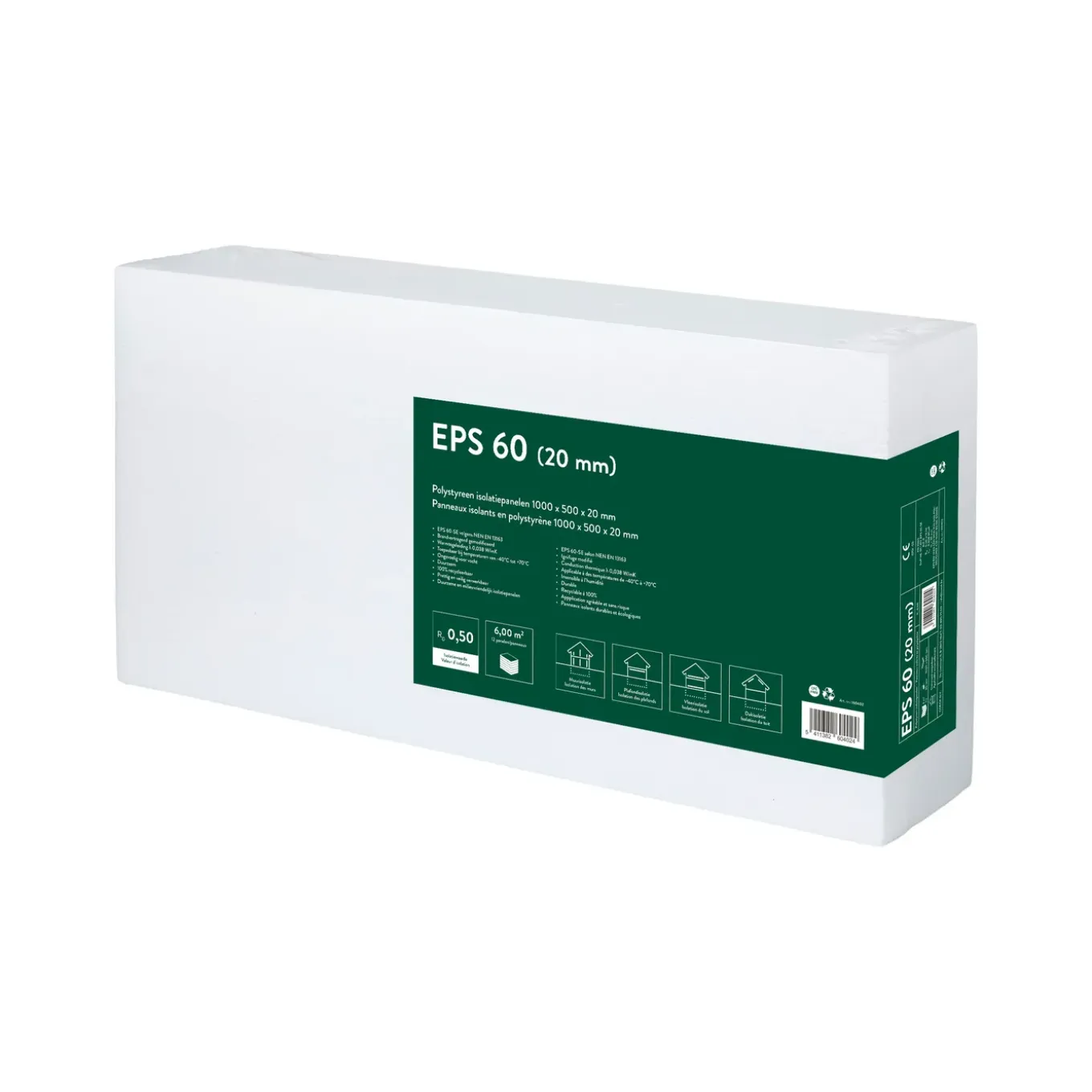 Coeck Isolatieplaat EPS 60 - Polystyreen - RD Waarde 0,5m²K/W - 20mm - 100x50cm - 12 stuks
