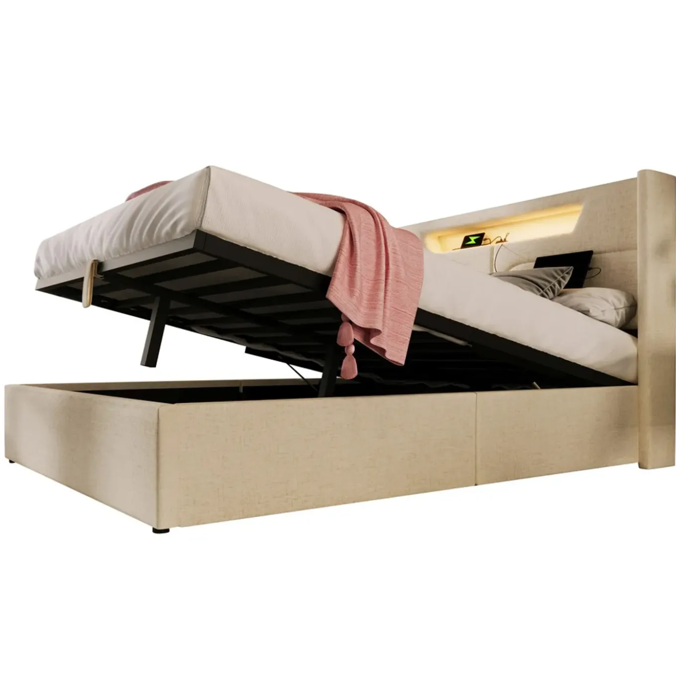 Collahause Gestoffeerd Bed Met Led En Usb-lading-grijs Linnen-160x200cm-opbergruimte Lattenbodem