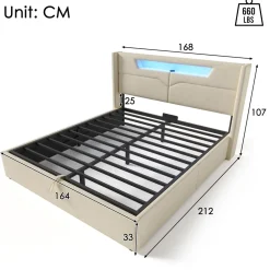 Collahause Gestoffeerd Bed Met Led En Usb-lading-grijs Linnen-160x200cm-opbergruimte Lattenbodem