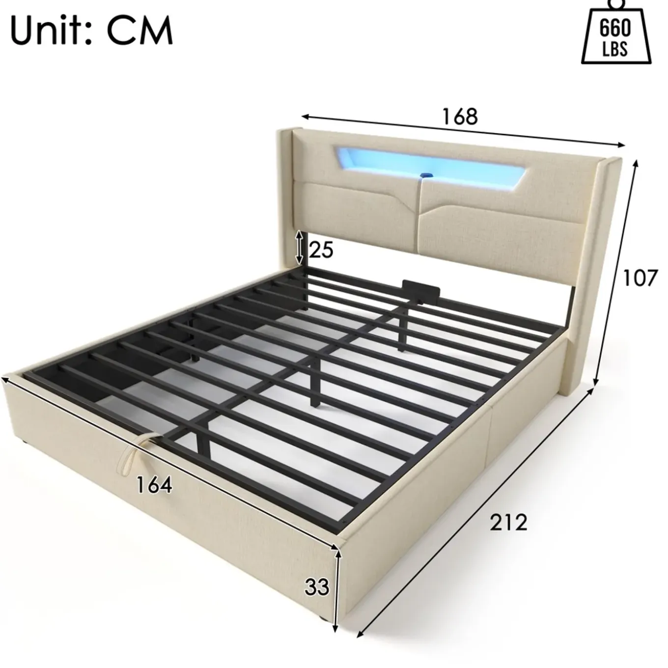 Collahause Gestoffeerd Bed Met Led En Usb-lading-grijs Linnen-160x200cm-opbergruimte Lattenbodem