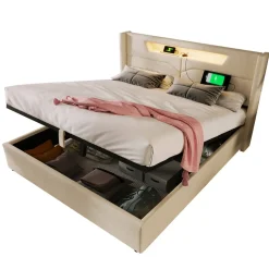 Collahause Gestoffeerd Bed Met Led En Usb-lading-grijs Linnen-160x200cm-opbergruimte Lattenbodem