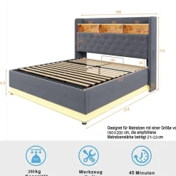 CollaHausse Collahause Gestoffeerd Opbergbed-grijs-180x200 Cm-met Opbergruimte Usb Aansluiting Led Verlichting