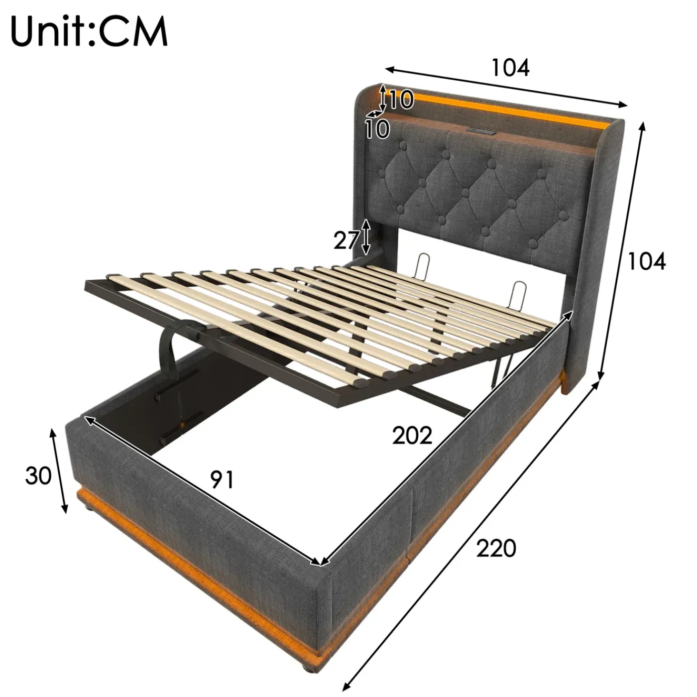 CollaHausse Eenpersoonsbed-grijs-90x200 Cm-stevig Opbergruimte Design Bedframe Hoofdbord