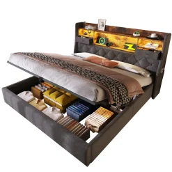CollaHausse Gestoffeerd Bed-grijs Linnen-140x200cm-met Matras Lattenbodem Opbergruimte