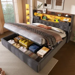CollaHausse Gestoffeerd Bed-grijs Linnen-140x200cm-met Matras Lattenbodem Opbergruimte