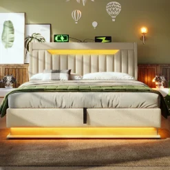 CollaHausse Tweepersoonsbed-beige Leinen-140x200cm-met Matras Opbergruimte Opbergbed