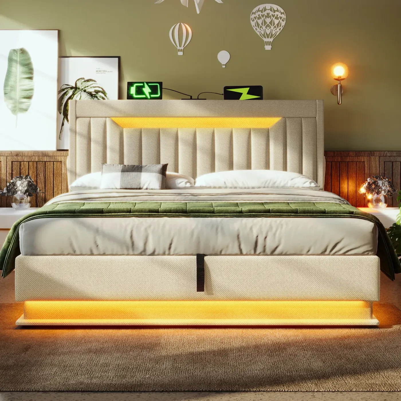 CollaHausse Tweepersoonsbed-beige Leinen-140x200cm-met Matras Opbergruimte Opbergbed