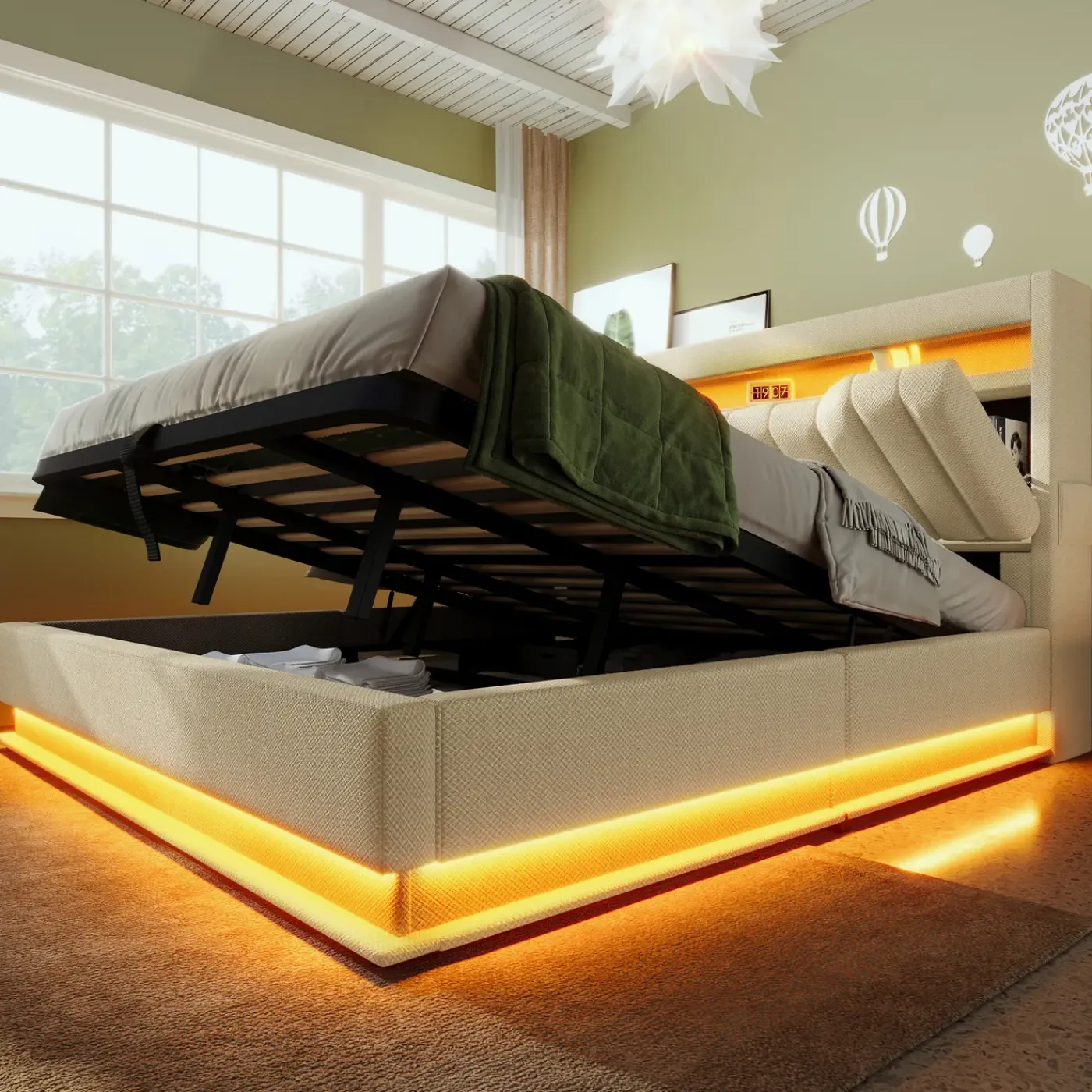 CollaHausse Tweepersoonsbed-beige Leinen-140x200cm-met Matras Opbergruimte Opbergbed