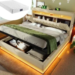 CollaHausse Tweepersoonsbed-beige Leinen-140x200cm-met Matras Opbergruimte Opbergbed