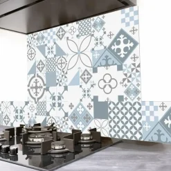 99Déco 99deco - Aluminium Afzuigkapachterwand - Blauw Cementtegel-effect - 70x90 Cm