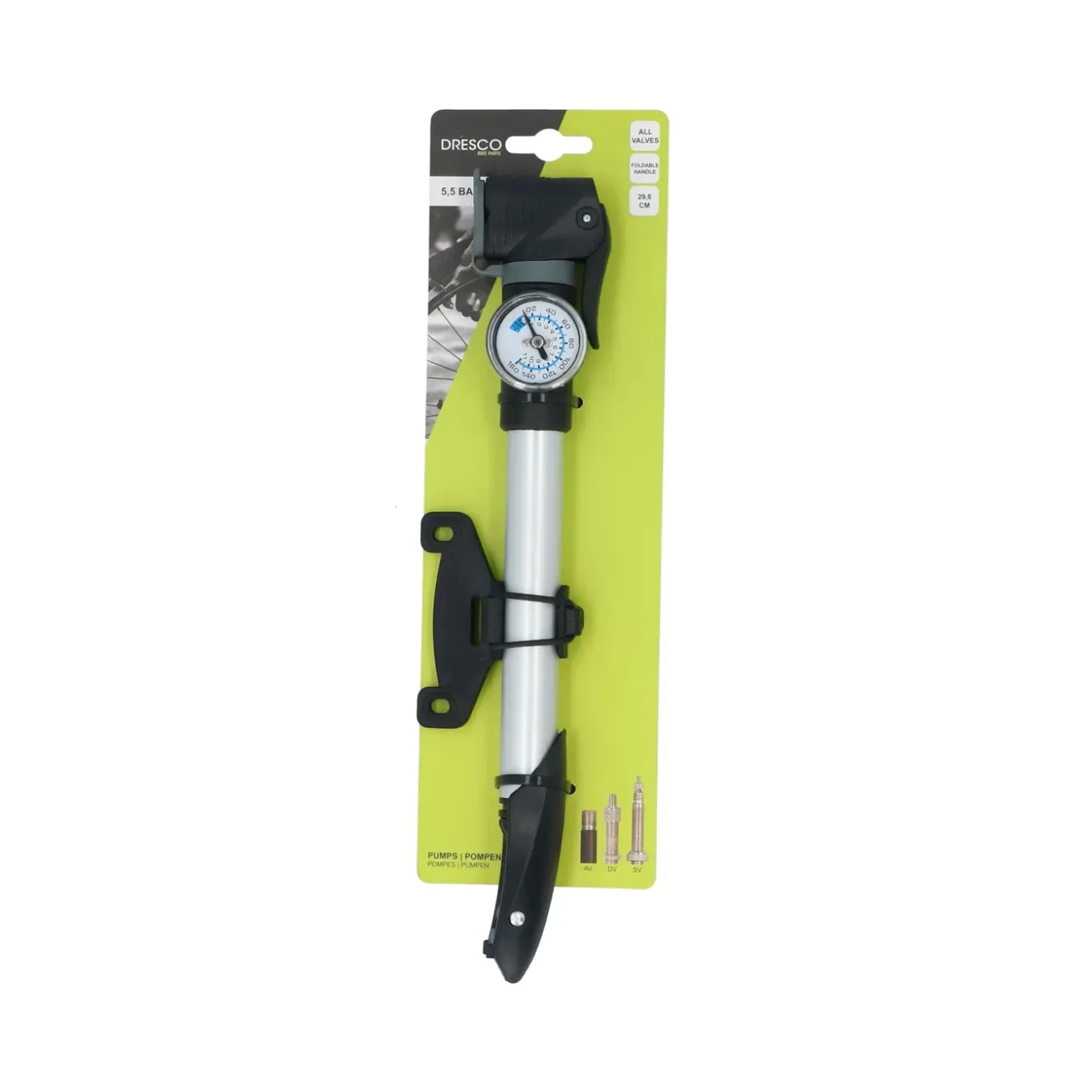Dresco mini fietspomp met manometer 29,6cm