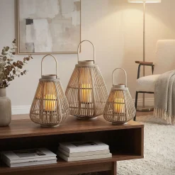 Ecd Germany Bamboe Lantaarn Houtkleur 50 Cm, Windlicht Met Glas Boho Tuinlantaarn Buiten