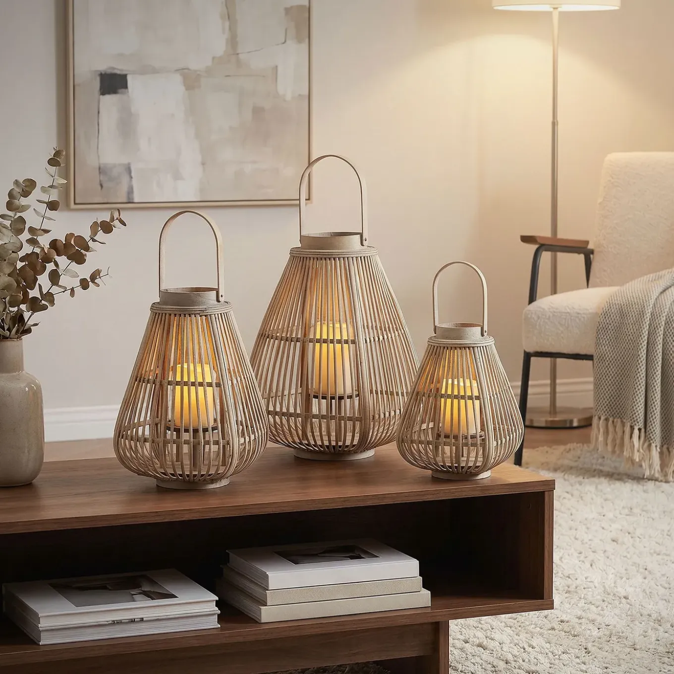 Ecd Germany Bamboe Lantaarn Houtkleur 50 Cm, Windlicht Met Glas Boho Tuinlantaarn Buiten