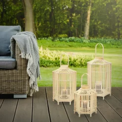 Ecd Germany Bamboe Lantaarn Houtkleur 75 Cm, Windlicht Met Glas, Boho Tuinlantaarn Buiten