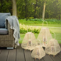 ECD Germany Bamboe Lantaarn Houtkleur 73,5 Cm, Windlicht Met Glas Boho Tuinlantaarn Buiten