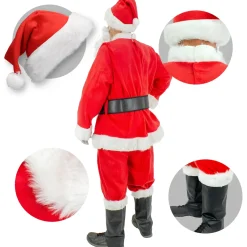 ECD Germany 9-Delig Kerstmankostuum met hoed, baard, riem en handschoenen, één maat S-XL