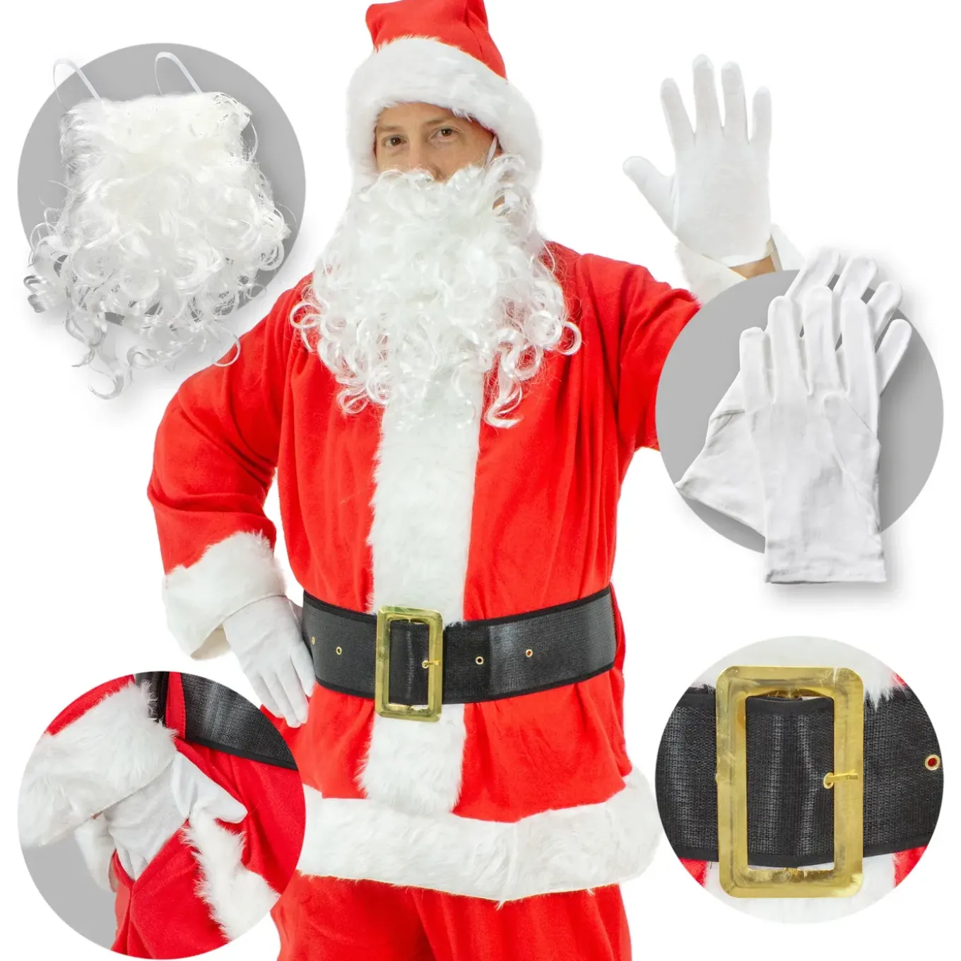 ECD Germany 9-Delig Kerstmankostuum met hoed, baard, riem en handschoenen, één maat S-XL