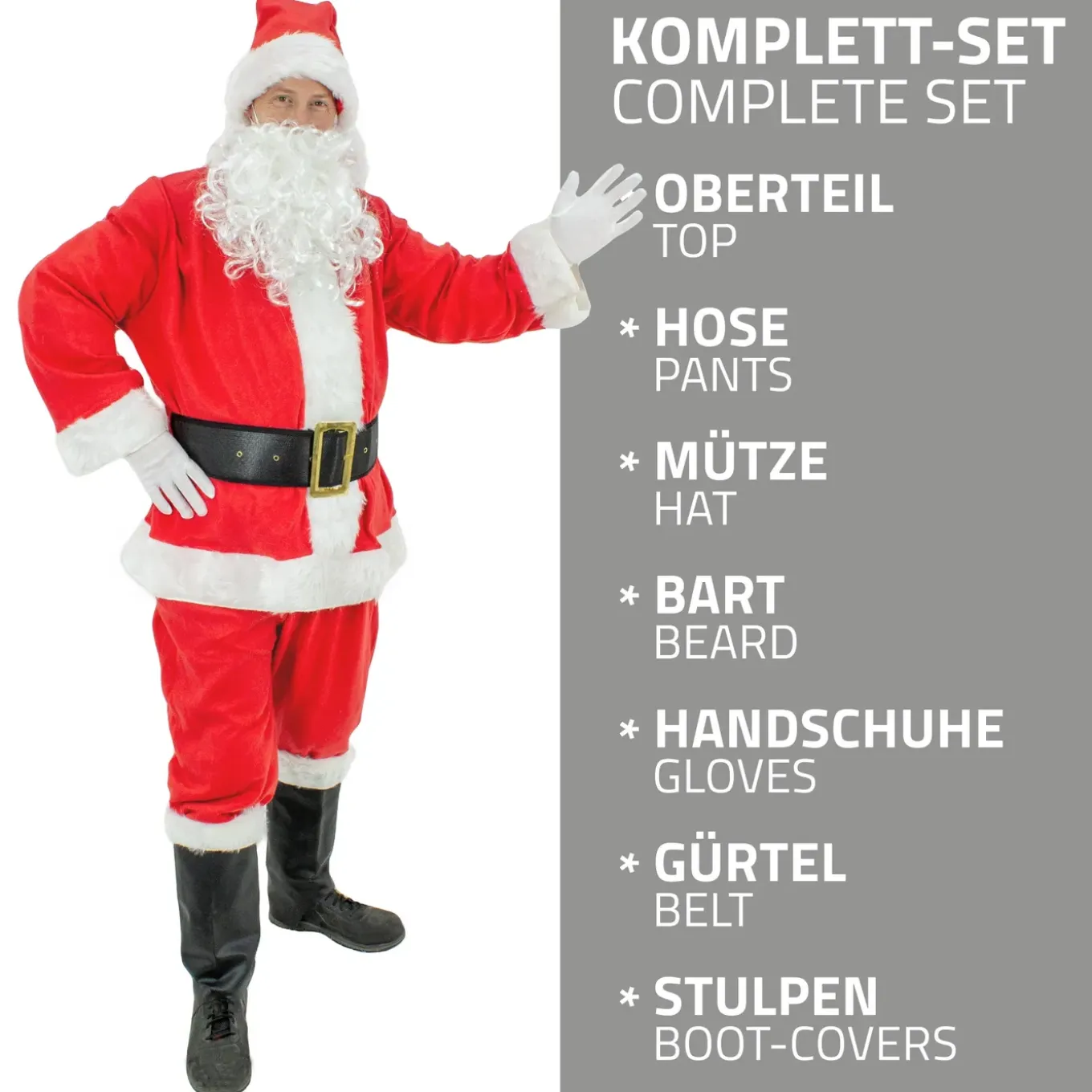 ECD Germany 9-Delig Kerstmankostuum met hoed, baard, riem en handschoenen, één maat S-XL