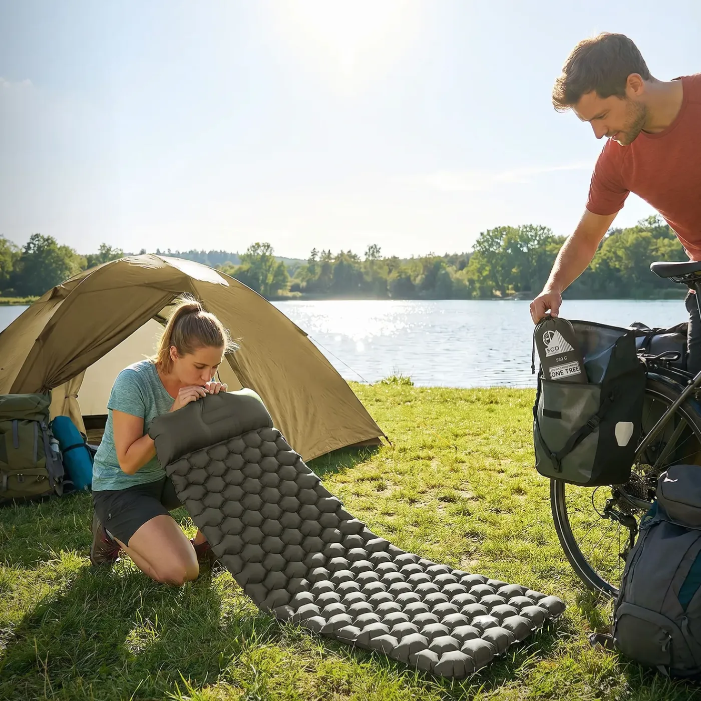 ECD Germany Luchtbed Grijs Opblaasbaar Campingmatras Ultralichte Slaapmat Met Kussen