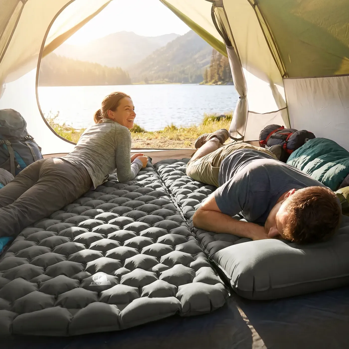 ECD Germany Luchtbed Grijs Opblaasbaar Campingmatras Ultralichte Slaapmat Met Kussen