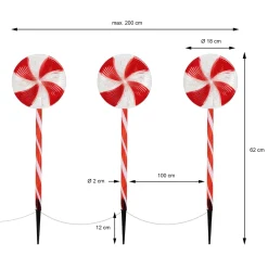 ECD Germany Set van 3 LED lolly kerstpad buiten, 60 LED 3m, 8 standen, werkt