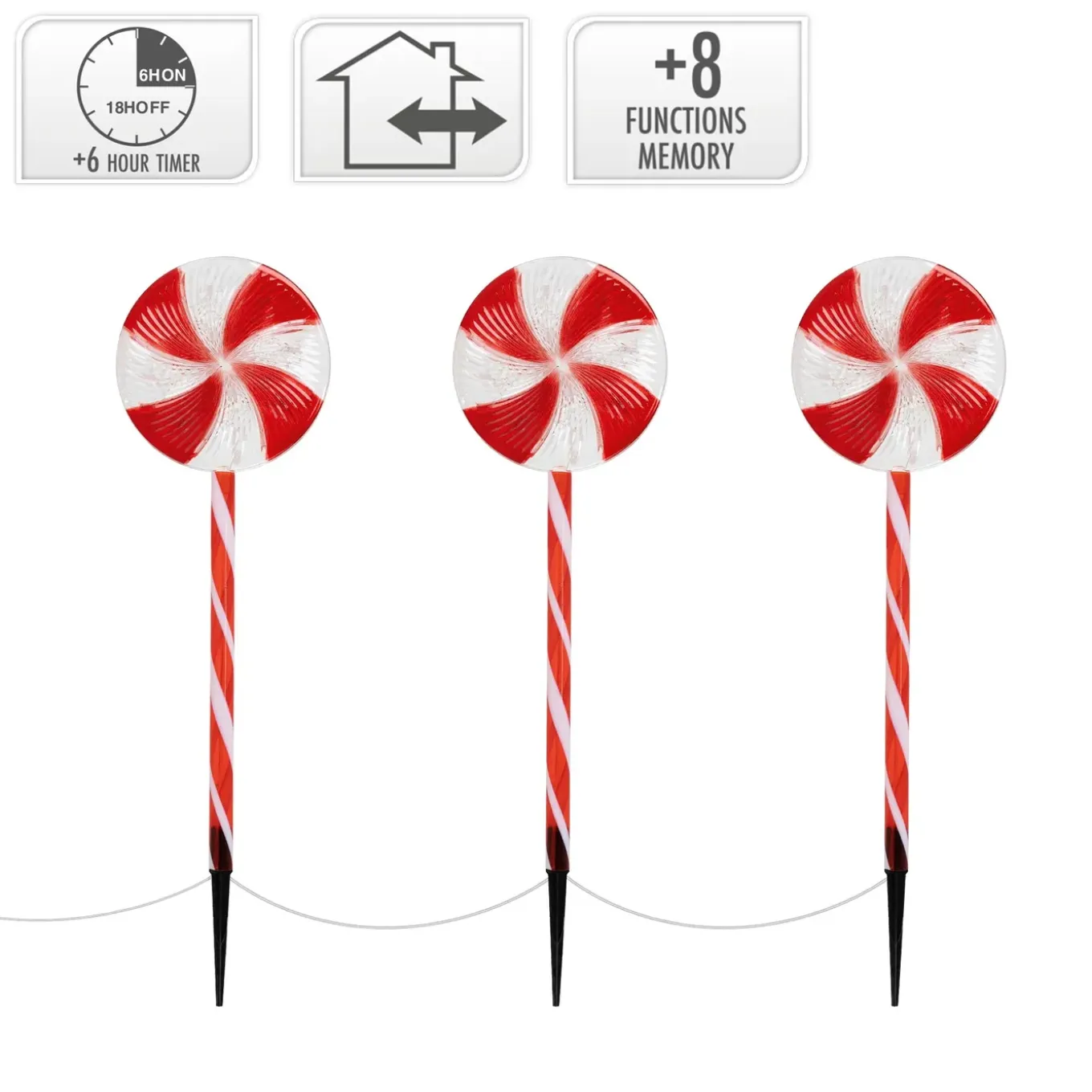 ECD Germany Set van 3 LED lolly kerstpad buiten, 60 LED 3m, 8 standen, werkt