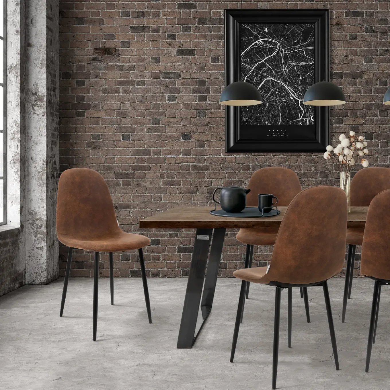 Eetkamerstoelen met rugleuning set van 4 bruin PU kunstleer met metalen poten ML-Design