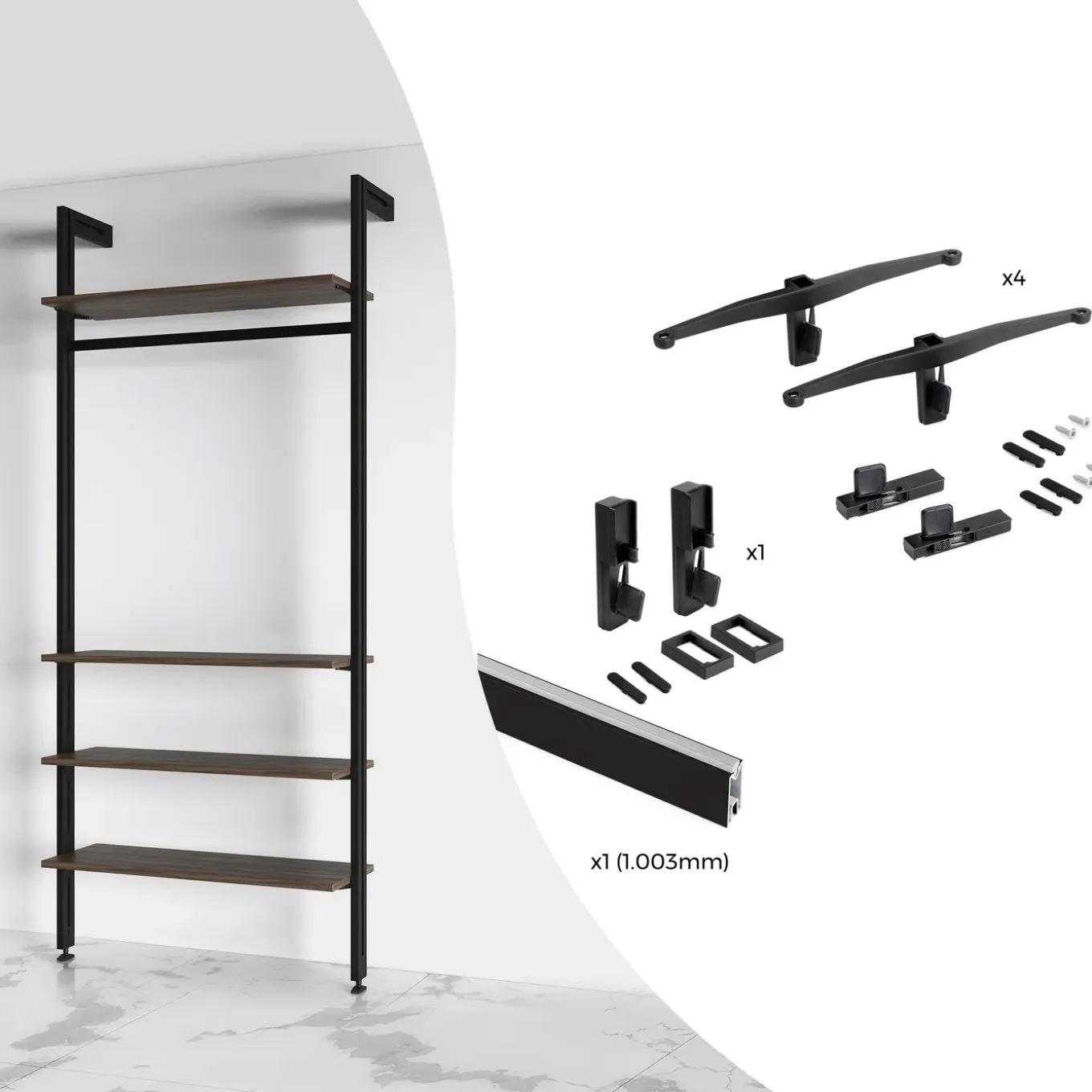 Emuca Kit Van Beugelset Voor 4 Houten Planken En 1 Hangroede Van 1m Lang Zero, Aluminium En Zamak