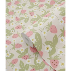 ESTAhome Behang Aardbeien Lichtgroen En Roze - 50 X 900 Cm - 132170