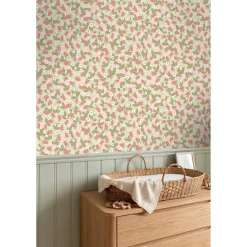 ESTAhome Behang Aardbeien Lichtgroen En Roze - 50 X 900 Cm - 132170